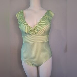 Green Textured One-Piece Swimsuit with Ruffle Detail